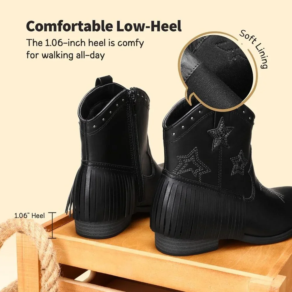 ⚡Girls Black Cowgirl Ankle Western Boots Side Zipper Riding Shoes With Tassel